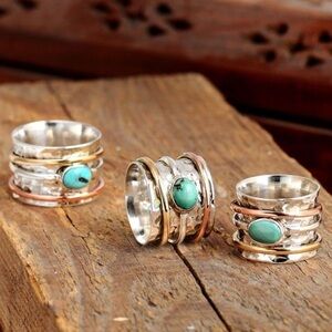 🔥NEW Turquoise Multi-metal Gold Copper Hammered Silver Fashion ring gift womens